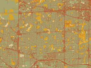 Stylized minimalist map of Schaumburg, Illinois in olive backdrop with warm rust street network and ochre blocks.