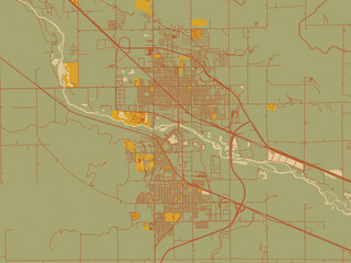 Poster-ready flat map of Scottsbluff, Nebraska, sage green ground with rust-red roads and ochre accents.