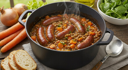 Sausage and lentils stew in black pot with vegetables and bread  