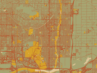 Naklejka premium Stylized minimalist map of Scottsdale, Arizona in sage/olive tone field with rust networks and ochre shapes, cream water.