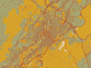 Decorative flat city map of Scranton, Pennsylvania using sage green ground with rust-red roads and ochre accents.