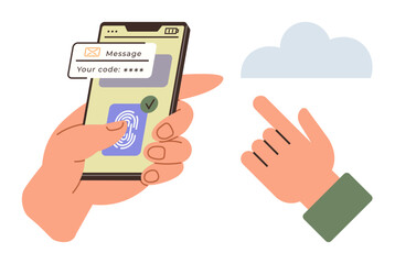 Hand using smartphone with OTP code and fingerprint scanner. Other hand points to a cloud, symbolizing cloud computing. Ideal for data security, mobile authentication, cloud access, privacy, secure