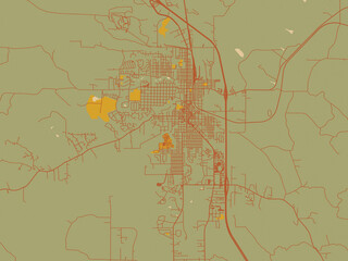 Minimalist flat city map of Sheridan, Wyoming with olive backdrop with warm rust street network and ochre blocks.