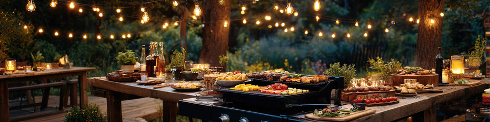 An outdoor grilling scene in a garden