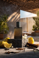 A perfume bottle with a smoky dark amber frosted glass and matte black cap.