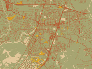 Decorative flat city map of Sidell, Louisiana using sage/olive tone field with rust networks and ochre shapes, cream water.