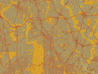 Abstract flat-design map of Silver Spring, Maryland, featuring earthy sage background with rust roadways and ochre details.