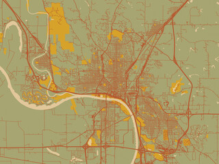 Abstract flat-design map of Sioux City, Iowa, featuring sage green ground with rust-red roads and ochre accents.