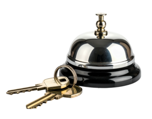 Hotel bell and keys on white background