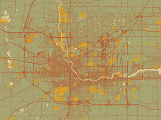 Poster-ready flat map of South Bend, Indiana, muted sage base, rust-colored roads, and soft ochre highlights.