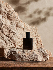 A perfume bottle with a smoky dark amber frosted glass and matte black cap.