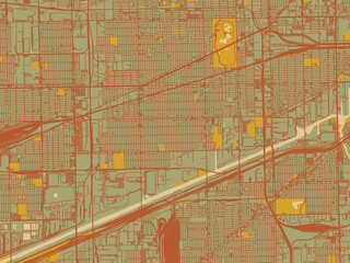 Abstract flat-design map of South Lawndale, Illinois, featuring earthy sage background with rust roadways and ochre details.