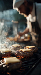 An outdoor grilling scene in a garden
