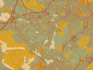 Naklejka premium Abstract flat-design map of South Peabody, Massachusetts, featuring olive backdrop with warm rust street network and ochre blocks.