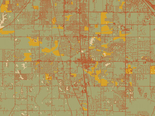 Fototapeta premium Decorative flat city map of Southaven, Mississippi using olive backdrop with warm rust street network and ochre blocks.