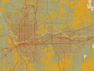 Abstract flat-design map of Spokane Metro, Washington, featuring muted sage base, rust-colored roads, and soft ochre highlights.