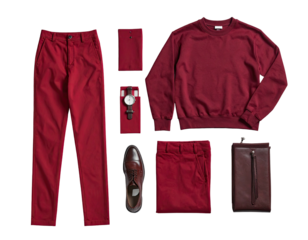 Flatlay of crimson-colored clothing and accessories