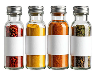 Four glass spice jars with blank labels