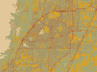Modern flat map poster of Spring Hill, Florida in muted sage base, rust-colored roads, and soft ochre highlights.