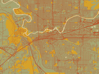 Fototapeta premium Abstract flat-design map of Spokane, Washington, featuring sage/olive tone field with rust networks and ochre shapes, cream water.
