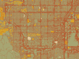 Obraz premium Minimalist flat city map of Spring Valley, Nevada with sage green ground with rust-red roads and ochre accents.