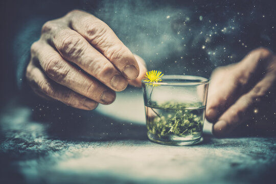 Elderly hands gently holding small glass cup with herbal tea and yellow dandelion flower, soft focus, dreamy atmosphere, natural healing, wellness, and tranquility