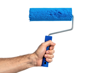 Hand holding a blue paint roller