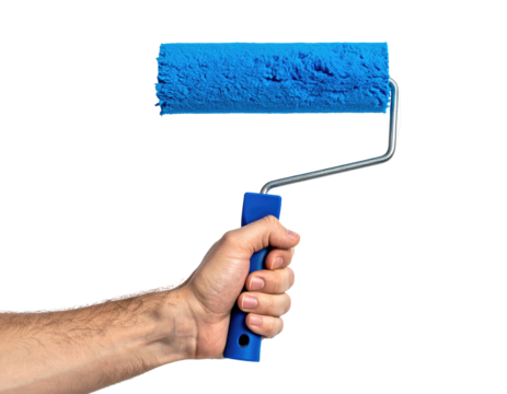 Hand holding a blue paint roller