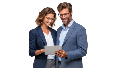 Two business people discussing using a tablet, isolated on transparent background