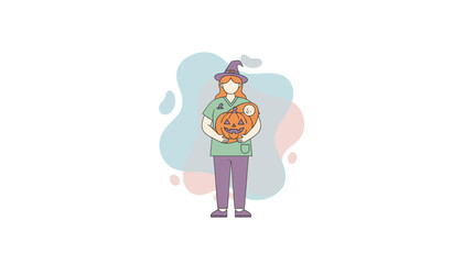 Nurse in witch hat holding baby and Halloween pumpkin Festive healthcare concept