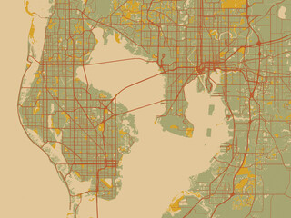 Decorative flat city map of Tampa Bay, Florida using earthy sage background with rust roadways and ochre details.