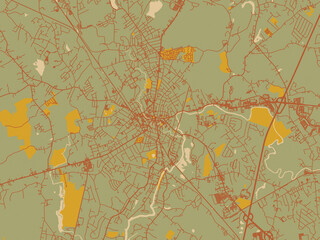 Graphic flat color map of Taunton, Massachusetts in olive backdrop with warm rust street network and ochre blocks.