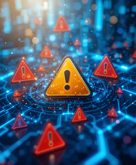 Artificial Intelligence Cyber Alert for Online Breach and Red Warning Icons