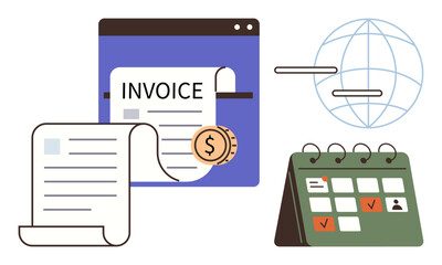 Invoice document with dollar coin, browser window, global network, and marked calendar. Ideal for finance, billing, global business, online platforms, deadlines payment planning simple flat