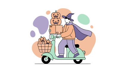 Halloween delivery person on scooter with pumpkins and packages Festive holiday shopping