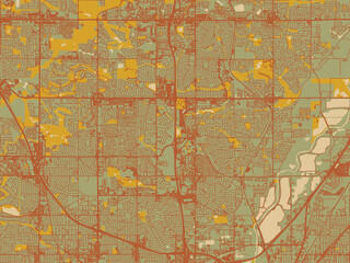 Graphic flat color map of Thornton, Colorado in olive backdrop with warm rust street network and ochre blocks.