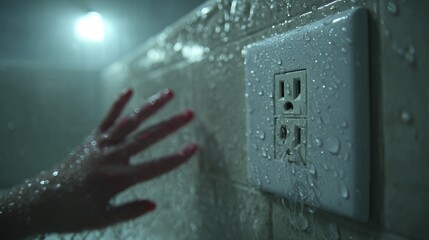 a person's hand reaching towards an electrical outlet covered in rain
