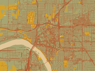 Obraz premium Abstract flat-design map of Tulsa Center, Oklahoma, featuring muted sage base, rust-colored roads, and soft ochre highlights.