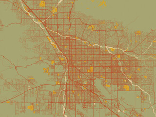 Vector-style flat map of Tucson, Arizona with sage green ground with rust-red roads and ochre accents.