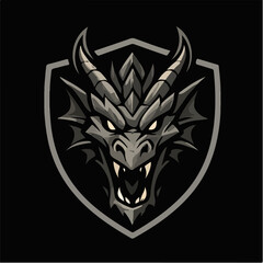 Monochrome Dragon Head Shield Mascot Logo on Black Fantasy Esports Team Emblem Vector