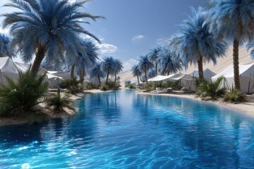 Fototapeta premium Lush oasis with blue palm trees and a tranquil waterway surrounded by tents in a desert setting