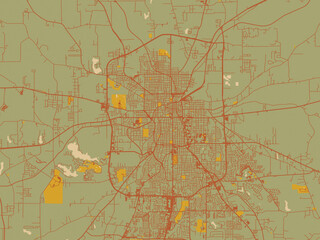 Minimalist flat city map of Tyler, Texas with sage green ground with rust-red roads and ochre accents.