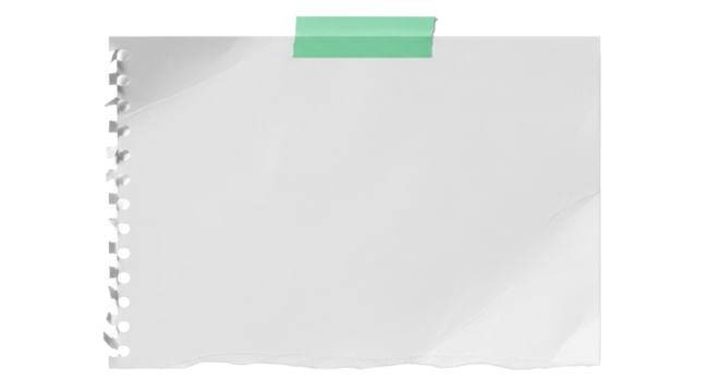 A ripped white notebook paper with perforated edge, taped at the top with mint green masking tape, realistic texture, natural soft shadow, minimal aesthetic, isolated on white background