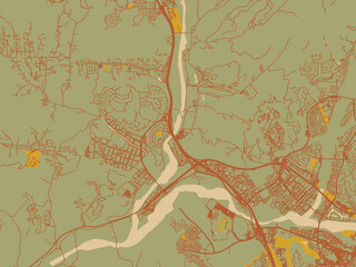 Stylized minimalist map of Valencia, California in olive backdrop with warm rust street network and ochre blocks.