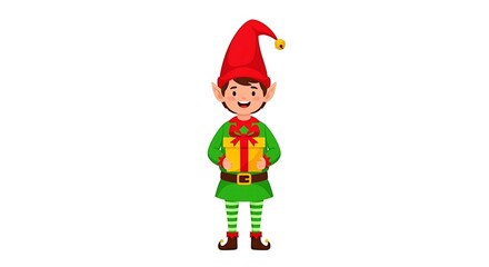 Cute Elf Boy Wearing Red Hat Green Outfit Holding Gift Box in Holiday Costume