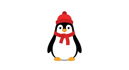 Fototapeta premium Cute Penguin Wearing Red Hat and Scarf on White Background