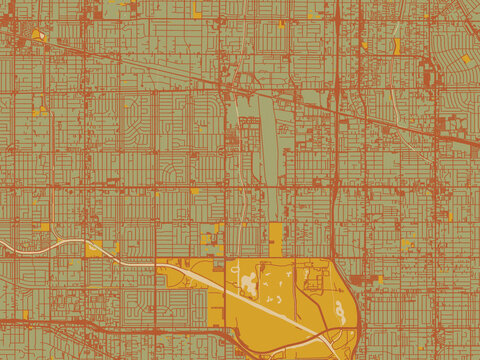 Graphic flat color map of Van Nuys, California in olive backdrop with warm rust street network and ochre blocks.