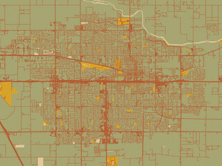 Fototapeta premium Minimalist flat city map of Visalia, California with muted sage base, rust-colored roads, and soft ochre highlights.