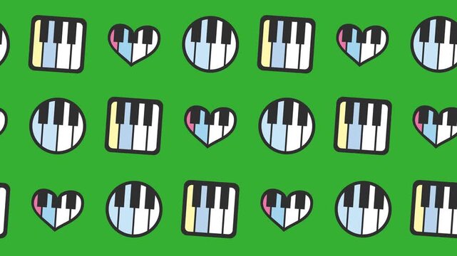 Seamless pattern of heart and rectangular piano keyboard icons in a green screen background animation. Repeating wallpaper with instrumental music keys in tile cartoon graphic decoration.