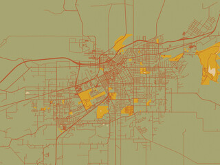 Contemporary flat map of Walla Walla, Washington rendered with earthy sage background with rust roadways and ochre details.